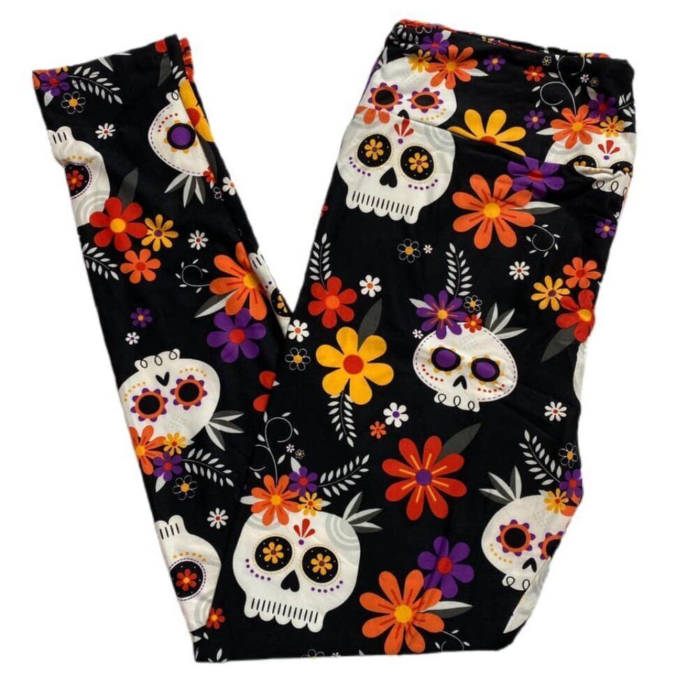 NEW OS‎ LuLaRoe Sugar Candy Skulls Leggings Black Floral Comfy Goth Punk Grunge
